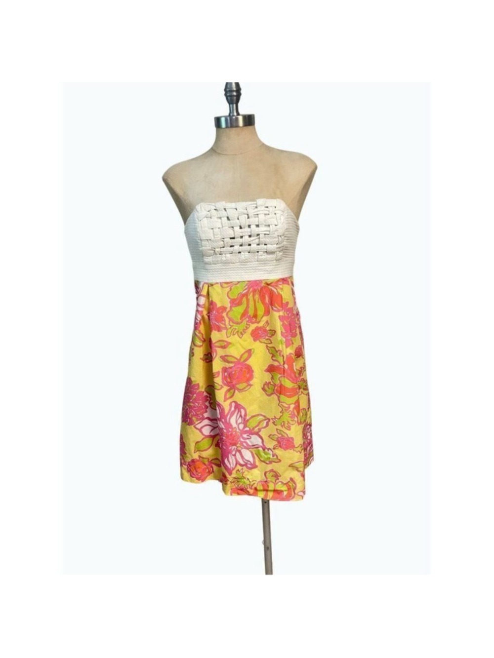 Lilly Pulitzer Starfruit Yellow Pink White Betsey Basketweave Strapless Dress 6 - Picture 2 of 7